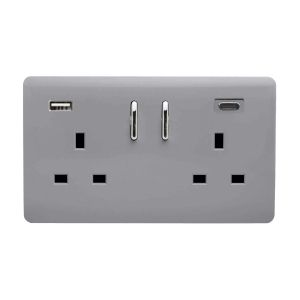 Platinum Silver Screwless 2 Gang Switched Double Socket 13A With 1 x USB-A & 1 x USB-C 15W (Shared), (35mm Back Box Req.), 10yrs Warranty