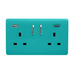 Bright Teal Screwless 2 Gang Switched Double Socket 13A With 1 x USB-A & 1 x USB-C 45W (Shared), (35mm Back Box Req.), 10yrs Warranty