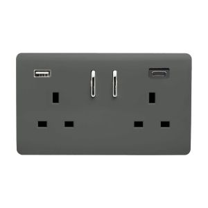 Charcoal Screwless 2 Gang Switched Double Socket 13A With 1 x USB-A & 1 x USB-C 45W (Shared), (35mm Back Box Req.), 10yrs Warranty