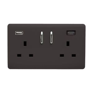 Dark Brown Screwless 2 Gang Switched Double Socket 13A With 1 x USB-A & 1 x USB-C 45W (Shared), (35mm Back Box Req.), 10yrs Warranty