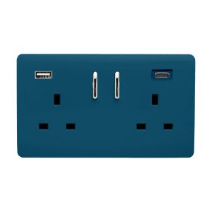 Midnight Blue Screwless 2 Gang Switched Double Socket 13A With 1 x USB-A & 1 x USB-C 45W (Shared), (35mm Back Box Req.), 10yrs Warranty