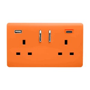 Orange Screwless 2 Gang Switched Double Socket 13A With 1 x USB-A & 1 x USB-C 45W (Shared), (35mm Back Box Req.), 10yrs Warranty
