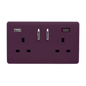 Plum Screwless 2 Gang Switched Double Socket 13A With 1 x USB-A & 1 x USB-C 45W (Shared), (35mm Back Box Req.), 10yrs Warranty