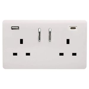 Ice White Screwless 2 Gang Switched Double Socket 13A With 1 x USB-A & 1 x USB-C 45W (Shared), (35mm Back Box Req.), 10yrs Warranty