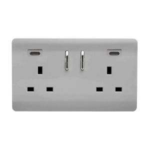 Brushed Steel Screwless 2 Gang Switched Double Socket 13A With 2 x USB-C 45W (Shared), (35mm Back Box Req.), 10yrs Warranty