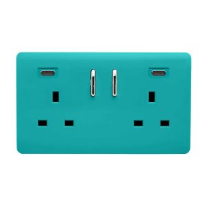Bright Teal Screwless 2 Gang Switched Double Socket 13A With 2 x USB-C 45W (Shared), (35mm Back Box Req.), 10yrs Warranty