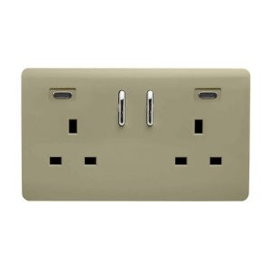 Champagne Gold Screwless 2 Gang Switched Double Socket 13A With 2 x USB-C 65W (Shared), (35mm Back Box Req.), 10yrs Warranty