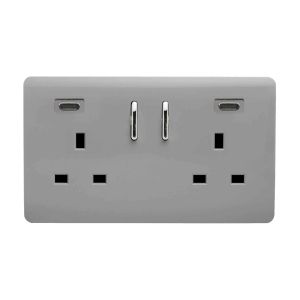 Light Grey Screwless 2 Gang Switched Double Socket 13A With 2 x USB-C 65W (Shared), (35mm Back Box Req.), 10yrs Warranty