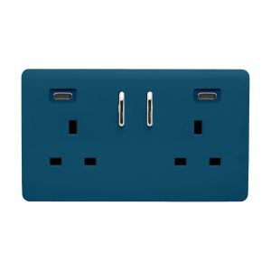 Midnight Blue Screwless 2 Gang Switched Double Socket 13A With 2 x USB-C 45W (Shared), (35mm Back Box Req.), 10yrs Warranty