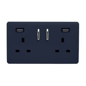 Navy Blue Screwless 2 Gang Switched Double Socket 13A With 2 x USB-C 45W (Shared), (35mm Back Box Req.), 10yrs Warranty