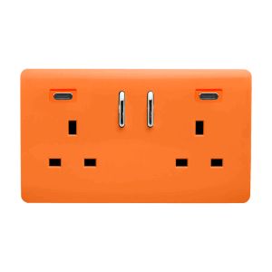 Orange Screwless 2 Gang Switched Double Socket 13A With 2 x USB-C 65W (Shared), (35mm Back Box Req.), 10yrs Warranty