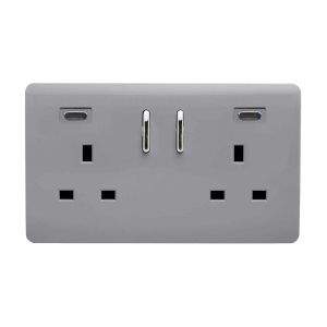 Platinum Silver Screwless 2 Gang Switched Double Socket 13A With 2 x USB-C 45W (Shared), (35mm Back Box Req.), 10yrs Warranty