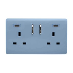 Sky Blue Screwless 2 Gang Switched Double Socket 13A With 2 x USB-C 65W (Shared), (35mm Back Box Req.), 10yrs Warranty