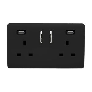 Piano Black Screwless 2 Gang Switched Double Socket 13A With 2 x USB-C 24W (Shared), (35mm Back Box Req.), 10yrs Warranty