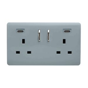 Cool Grey Screwless 2 Gang Switched Double Socket 13A With 2 x USB-C 24W (Shared), (35mm Back Box Req.), 10yrs Warranty