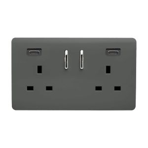 Charcoal Screwless 2 Gang Switched Double Socket 13A With 2 x USB-C 24W (Shared), (35mm Back Box Req.), 10yrs Warranty