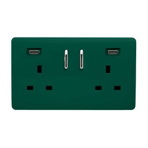 Dark Green Screwless 2 Gang Switched Double Socket 13A With 2 x USB-C 24W (Shared), (35mm Back Box Req.), 10yrs Warranty