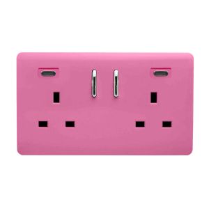 Pink Screwless 2 Gang Switched Double Socket 13A With 2 x USB-C 24W (Shared), (35mm Back Box Req.), 10yrs Warranty