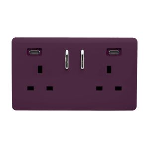 Plum Screwless 2 Gang Switched Double Socket 13A With 2 x USB-C 24W (Shared), (35mm Back Box Req.), 10yrs Warranty