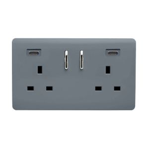 Warm Grey Screwless 2 Gang Switched Double Socket 13A With 2 x USB-C 24W (Shared), (35mm Back Box Req.), 10yrs Warranty