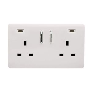 Ice White Screwless 2 Gang Switched Double Socket 13A With 2 x USB-C 24W (Shared), (35mm Back Box Req.), 10yrs Warranty