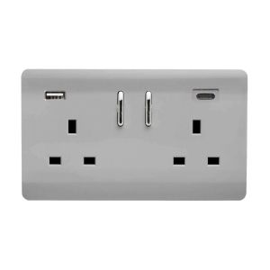Brushed Steel Screwless 2 Gang Switched Double Socket 13A With 1 x USB-A & 1 x USB-C 65W (Shared), (35mm Back Box Req.), 10yrs Warranty