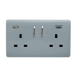 Cool Grey Screwless 2 Gang Switched Double Socket 13A With 1 x USB-A & 1 x USB-C 65W (Shared), (35mm Back Box Req.), 10yrs Warranty