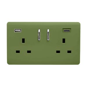 Moss Green Screwless 2 Gang Switched Double Socket 13A With 1 x USB-A & 1 x USB-C 65W (Shared), (35mm Back Box Req.), 10yrs Warranty