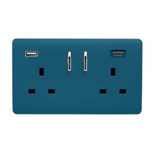 Ocean Blue Screwless 2 Gang Switched Double Socket 13A With 1 x USB-A & 1 x USB-C 65W (Shared), (35mm Back Box Req.), 10yrs Warranty