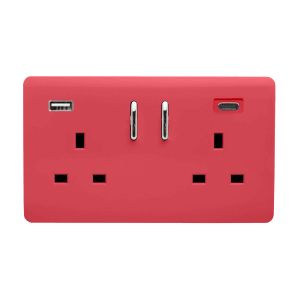 Strawberry Screwless 2 Gang Switched Double Socket 13A With 1 x USB-A & 1 x USB-C 65W (Shared), (35mm Back Box Req.), 10yrs Warranty