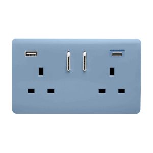 Sky Blue Screwless 2 Gang Switched Double Socket 13A With 1 x USB-A & 1 x USB-C 65W (Shared), (35mm Back Box Req.), 10yrs Warranty