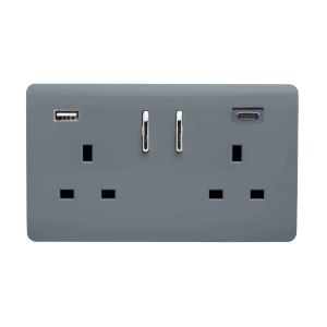 Warm Grey Screwless 2 Gang Switched Double Socket 13A With 1 x USB-A & 1 x USB-C 65W (Shared), (35mm Back Box Req.), 10yrs Warranty