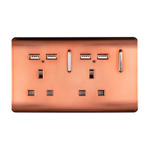 Trendi, Artistic Modern 2 Gang 13Amp Switched Double Socket With 4X 2.1Mah USB Copper Finish, BRITISH MADE, (45mm Back Box Required), 5yrs Warranty
