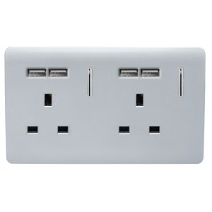 Trendi, Artistic Modern 2 Gang 13Amp Switched Double Socket With 4X 2.1Mah USB Silver Finish, BRITISH MADE, (45mm Back Box Required), 5yrs Warranty