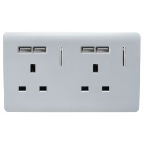 Trendi, Artistic Modern 2 Gang 13Amp Switched Double Socket With 4X 2.1Mah USB Silver Finish, BRITISH MADE, (45mm Back Box Required), 5yrs Warranty