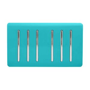 Trendi, Artistic Modern 6 Gang 2 Way 10 Amp Rocker Twin Plate Bright Teal Finish, BRITISH MADE, (35mm Back Box Required), 5yrs Warranty