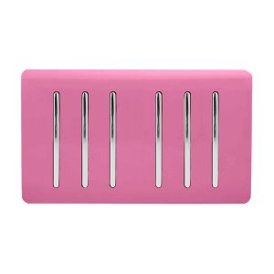 Trendi, Artistic Modern 6 Gang 2 Way 10 Amp Rocker Twin Plate Pink Finish, BRITISH MADE, (35mm Back Box Required), 5yrs Warranty