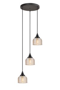 Arvo 3 Light Round Pendant, E27 Satin Black/Prismatic Dome Glass, Amber