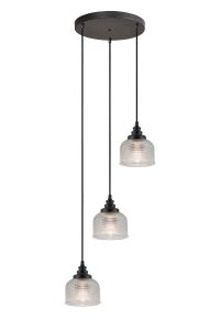 Arvo 3 Light Round Pendant, E27 Satin Black/Prismatic Dome Glass, Clear
