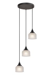 Arvo 3 Light Round Pendant, E27, Satin Black/Prismatic Dome Glass, Frosted