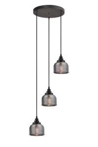 Arvo 3 Light Round Pendant, E27, Satin Black/Prismatic Dome Glass, Smoke