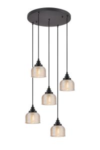 Arvo 5 Light Round Pendant, E27, Satin Black/Prismatic Dome Glass, Amber
