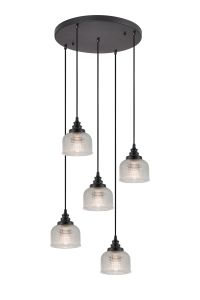 Arvo 5 Light Round Pendant, E27, Satin Black/Prismatic Dome Glass, Clear