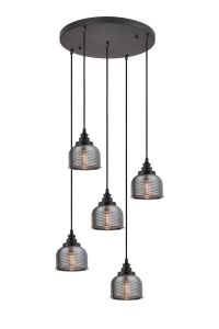 Arvo 5 Light Round Pendant, E27, Satin Black/Prismatic Dome Glass, Smoke