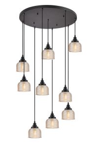 Arvo 9 Light Round Pendant, E27, Satin Black/Prismatic Dome Glass, Amber