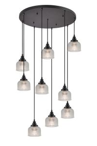 Arvo 9 Light Round Pendant, E27, Satin Black/Prismatic Dome Glass, Clear