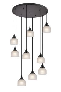 Arvo 9 Light Round Pendant, E27, Satin Black/Prismatic Dome Glass, Frosted