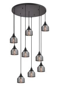 Arvo 9 Light Round Pendant, E27, Satin Black/Prismatic Dome Glass, Smoke