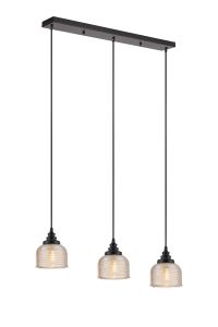Arvo 3 Light Linear Pendant, E27, Satin Black/Prismatic Dome Glass, Amber
