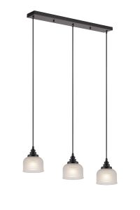 Arvo 3 Light Linear Pendant, E27, Satin Black/Prismatic Dome Glass, Frosted